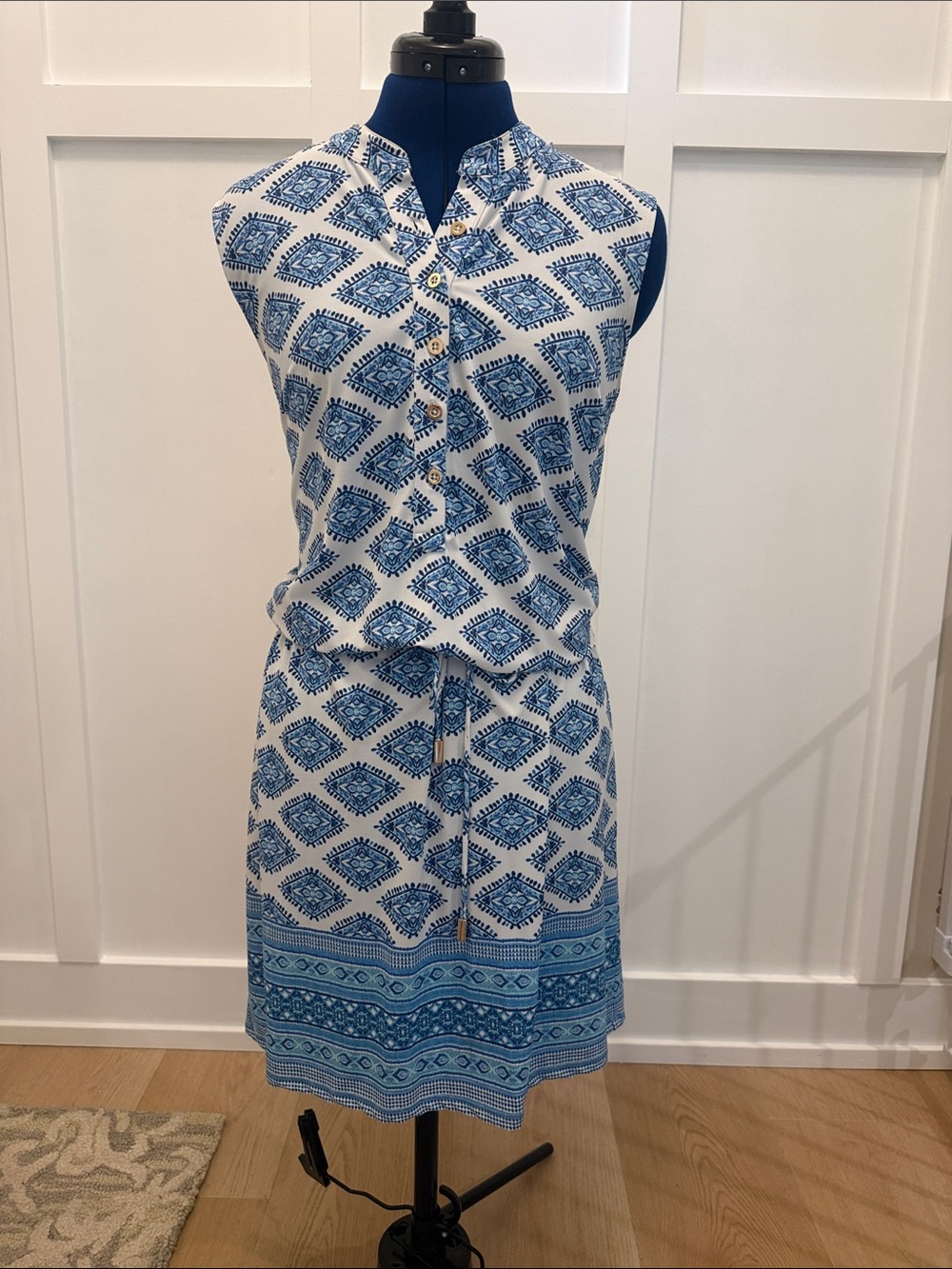 Cabana Life Blue and White Printed Sleeveless Drawstring Dress